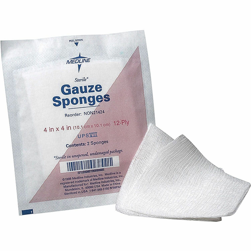 Medline Sterile 12 Ply Cotton Gauze Sponges 12 Ply - 4" Width x 4" Length - White - 50 / Box (NON21424)