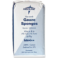 Medline Nonsterile Woven Gauze Sponges 8 Ply - 4" Width x 4" Length - White - 200 / Box (NON25408)