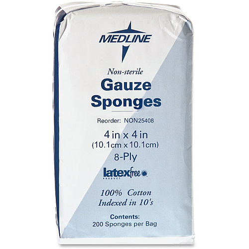 Medline Nonsterile Woven Gauze Sponges 8 Ply - 4" Width x 4" Length - White - 200 / Box (NON25408)