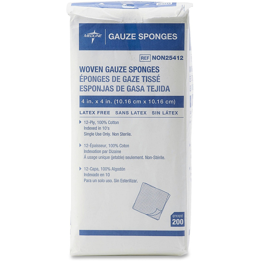 Medline Nonsterile Woven Gauze Sponges 12 Ply - 4" Width x 4" Length - White - 200 / Box (NON25412)