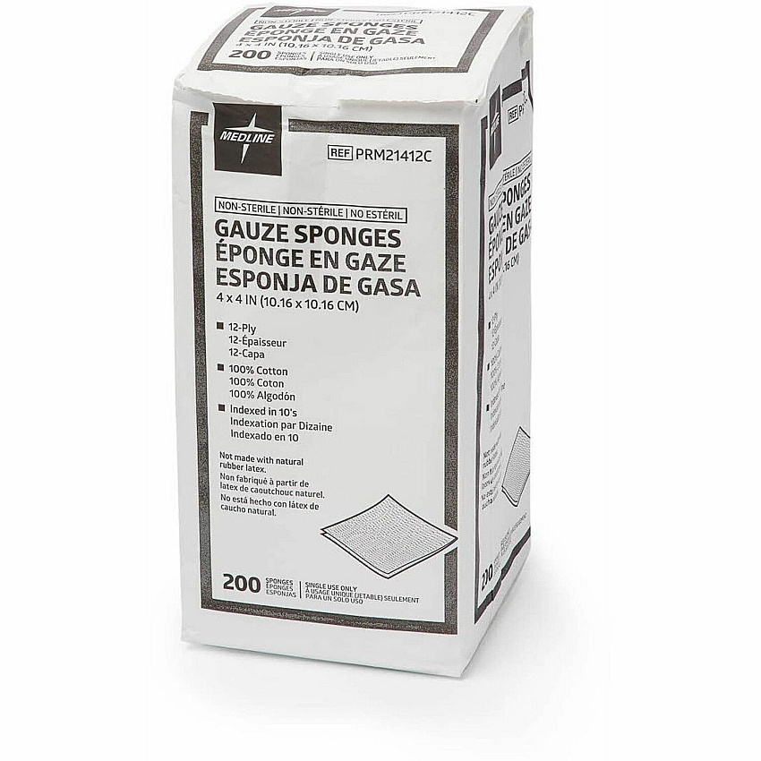 Medline Caring Non-sterile Gauze Sponges 12 Ply - 4" Width x 4" Length - White - 200 / Box (PRM21412C)
