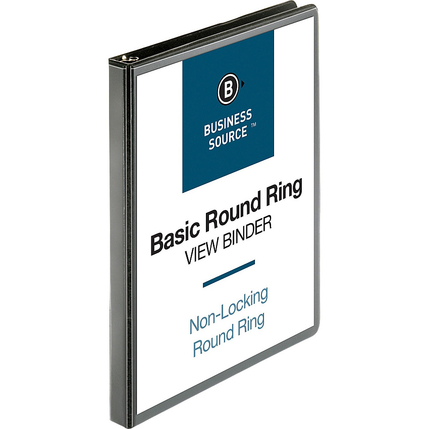 Business Source Round-ring View Binder 1/2" Binder Capacity - Letter - 8 1/2" x 11" Sheet Size - 125 Sheet Capacity - Fastener: Round Ring - Pocket: 2, Internal - Polypropylene - Black - Wrinkle-free, Gap-free Ring, Clear Overlay, Non Locking M (BSN09950)
