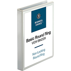 Business Source Round-ring View Binder 1" Binder Capacity - Letter - 8 1/2" x 11" Sheet Size - 225 Sheet Capacity - Fastener: Round Ring - Pocket: 2, Internal - Polypropylene, Chipboard - White - Wrinkle-free, Gap-free Ring, Clear Overlay, Non  (BSN09953)