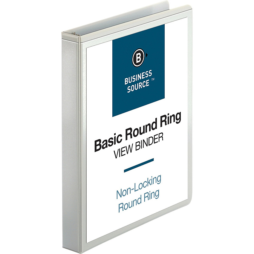 Business Source Round-ring View Binder 1" Binder Capacity - Letter - 8 1/2" x 11" Sheet Size - 225 Sheet Capacity - Fastener: Round Ring - Pocket: 2, Internal - Polypropylene, Chipboard - White - Wrinkle-free, Gap-free Ring, Clear Overlay, Non  (BSN09953)