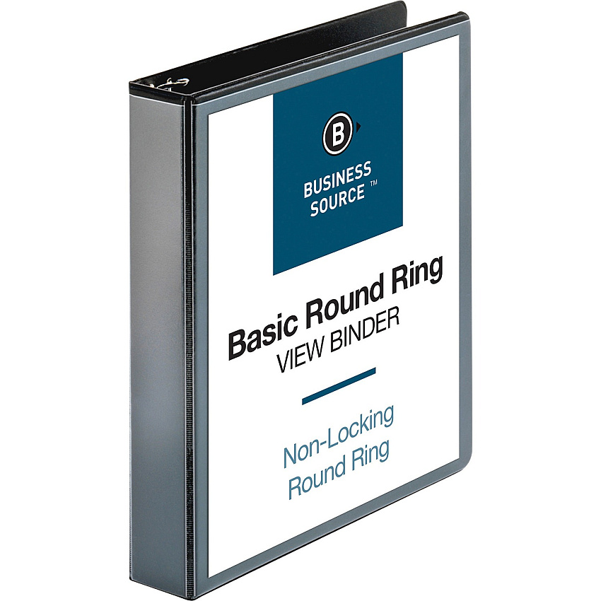 Business Source Round-ring View Binder 1 1/2" Binder Capacity - Letter - 8 1/2" x 11" Sheet Size - 350 Sheet Capacity - Fastener: Round Ring - Pocket: 2, Internal - Polypropylene, Chipboard - Black - Wrinkle-free, Gap-free Ring, Clear Overlay,  (BSN09954)