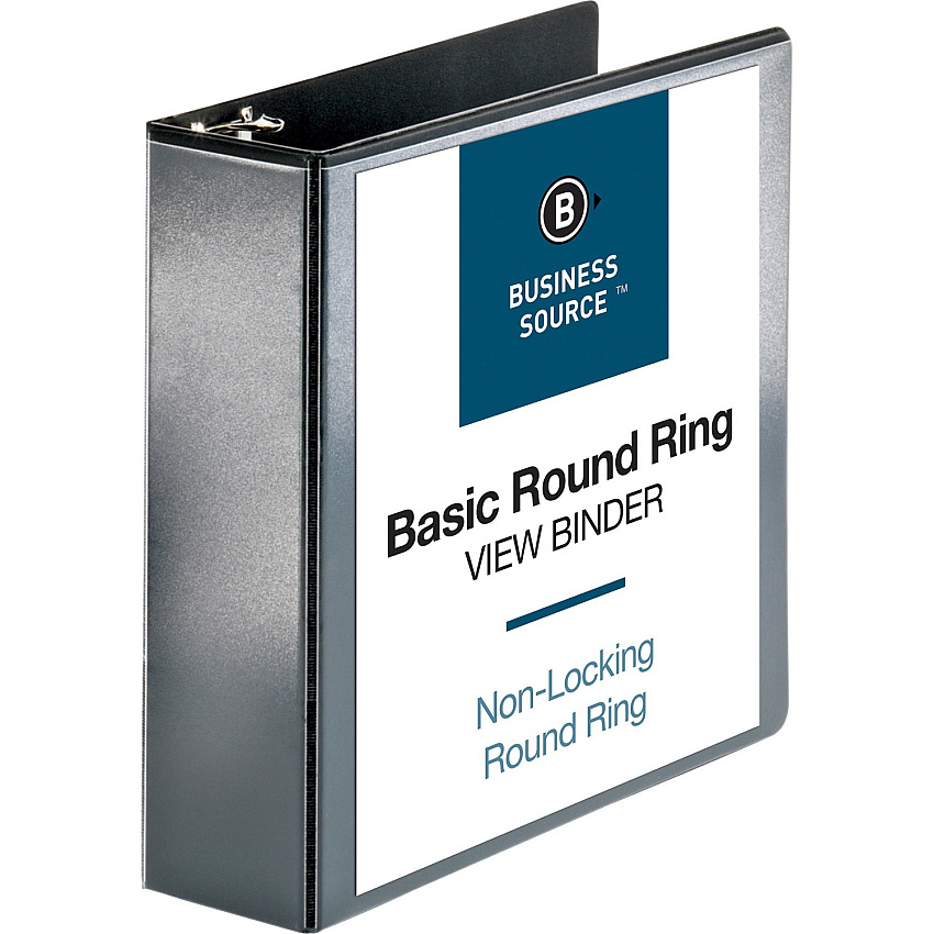 Business Source Round-ring View Binder 3" Binder Capacity - Letter - 8 1/2" x 11" Sheet Size - 625 Sheet Capacity - Fastener: Round Ring - Pocket: 2, Internal - Polypropylene - Black - Wrinkle-free, Gap-free Ring, Clear Overlay, Non Locking Mec (BSN09958)