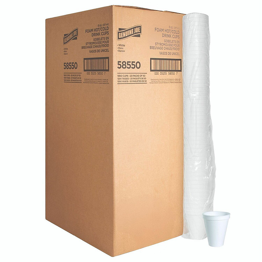 Genuine Joe 8 oz Hot/Cold Foam Cups 8 fl oz - White - Foam - Hot Drink, Cold Drink - 50/Pack - 20 / Carton (GJO58550)