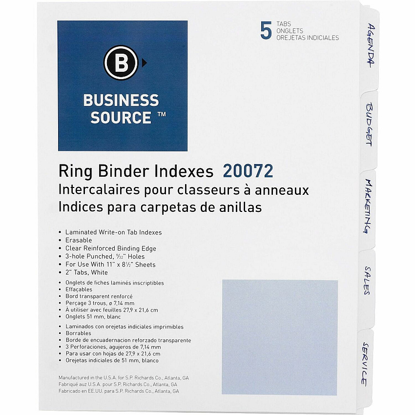 Business Source 3-Ring 5-Tab Erasable Tab Indexes 5 Write-on Tab(s) - 2" Tab Width - 8.5" Divider Width x 11" Divider Length - Letter - 3 Hole Punched - White Divider - Mylar Tab(s) - 100% Recycled - Erasable, Reinforced Edges, Punched, Laminat (BSN20072)