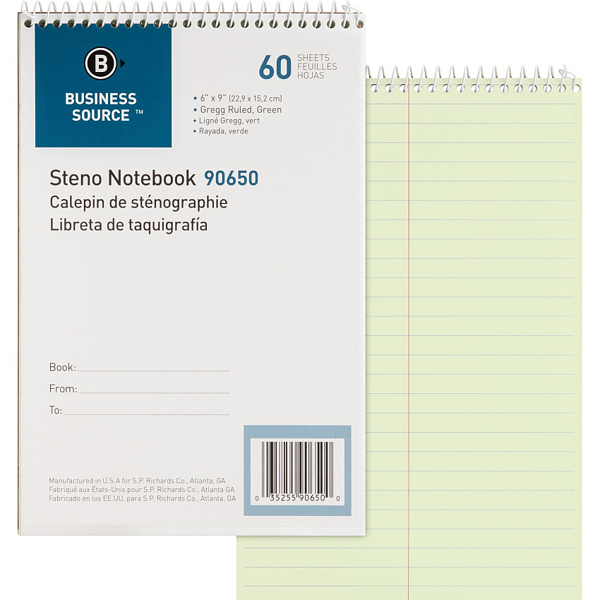 Business Source Steno Notebook 60 Sheets - Coilock - Gregg Ruled Margin - 6" x 9" Sheet Size - Green Tint Paper - Stiff-back, Sturdy - 1 Each (BSN90650)