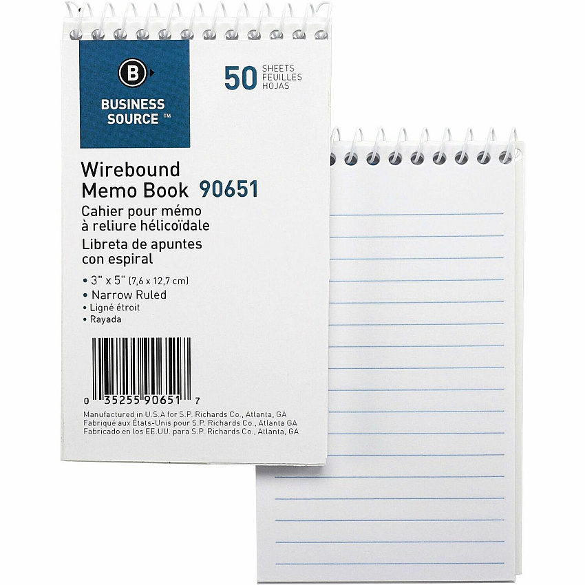 Business Source Wirebound Memo Books 50 Sheet(s) - Wire Bound - 5" x 3" Sheet Size - White - White Sheet(s) - 12 / Dozen (BSN90651)