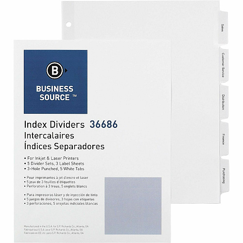 Business Source Punched Tabbed Laser Index Dividers 5 Blank Tab(s) - 5 Tab(s)/Set - 11" Divider Width - 3 Hole Punched - White Paper Divider - White Tab(s) - 100% Recycled - Mylar Reinforcement, Reinforced, Punched - 5 / Pack (BSN36686)