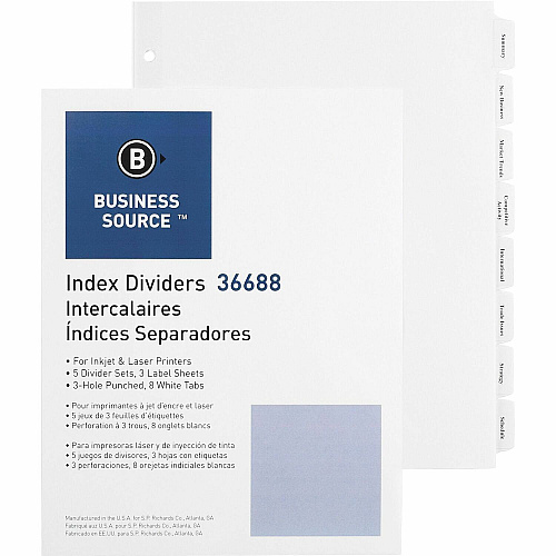 Business Source Punched Tabbed Laser Index Dividers 8 Blank Tab(s) - 8 Tab(s)/Set - 8.5" Divider Width x 11" Divider Length - Letter - 3 Hole Punched - White Paper Divider - White Tab(s) - 100% Recycled - Mylar Reinforcement, Reinforced, Punche (BSN36688)