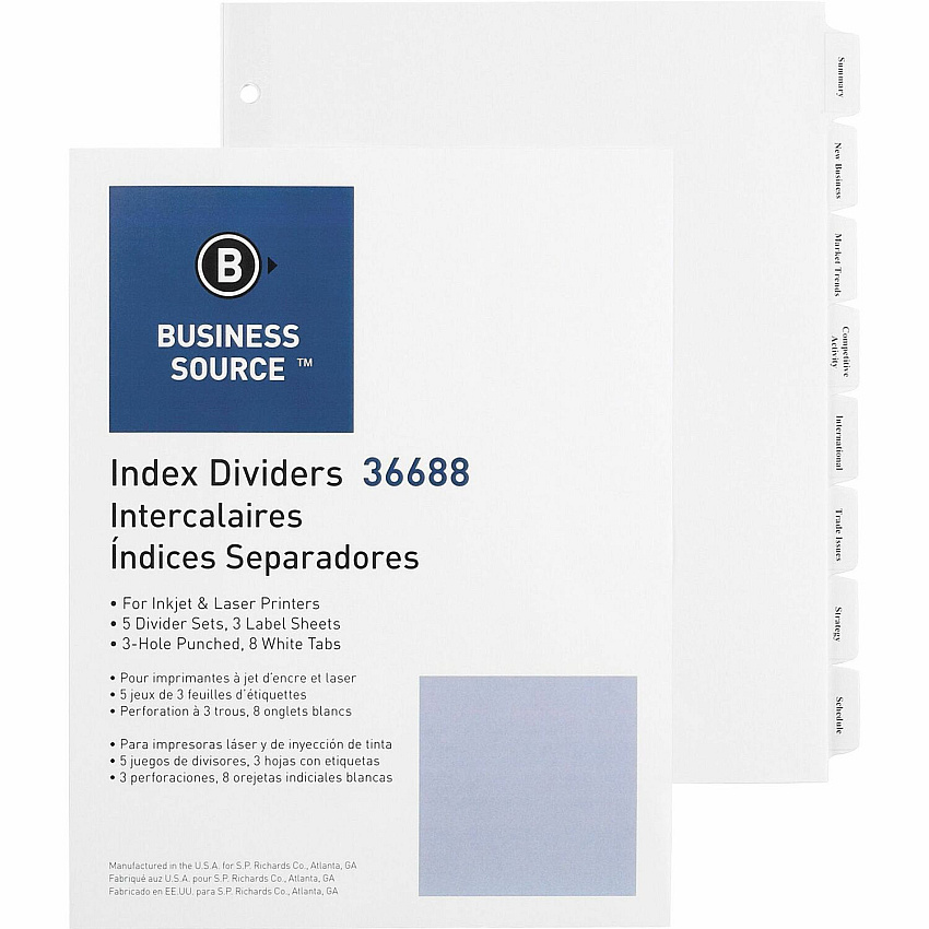 Business Source Punched Tabbed Laser Index Dividers 8 Blank Tab(s) - 8 Tab(s)/Set - 8.5" Divider Width x 11" Divider Length - Letter - 3 Hole Punched - White Paper Divider - White Tab(s) - 100% Recycled - Mylar Reinforcement, Reinforced, Punche (BSN36688)
