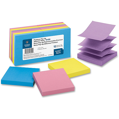 Business Source Reposition Pop-up Adhesive Notes 3" Flag/Note Width x 3" Flag/Note Length - Square - Assorted - Removable, Repositionable, Solvent-free Adhesive - 12 / Pack (BSN16450)