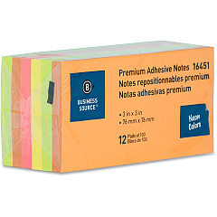 Business Source Repositionable Neon Notes 3" Flag/Note Width x 3" Flag/Note Length - Square - Neon - Removable, Repositionable, Solvent-free Adhesive - 12 / Pack (BSN16451) Business Source Repositionable Neon Notes 3" Flag/Note Width x 3" Flag/Note Length - Square - Neon - Removable, Repositionable, Solvent-free Adhesive - 12 / Pack (BSN16451)