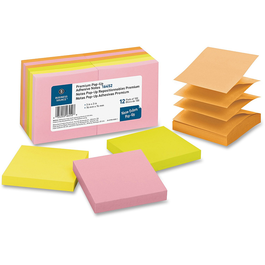 Business Source Reposition Pop-up Adhesive Notes 3" Flag/Note Width x 3" Flag/Note Length - Square - Assorted Neon - Removable, Repositionable, Solvent-free Adhesive - 12 / Pack (BSN16452)