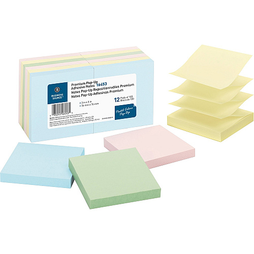 Business Source Reposition Pop-up Adhesive Notes 3" Flag/Note Width x 3" Flag/Note Length - Square - Assorted Pastel - Removable, Repositionable, Solvent-free Adhesive - 12 / Pack (BSN16453)