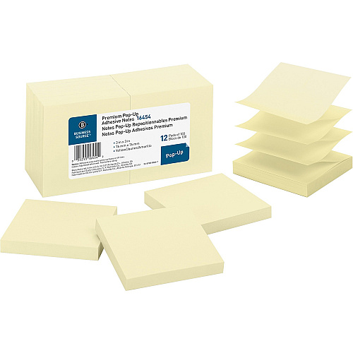 Business Source Reposition Pop-up Adhesive Notes 3" Flag/Note Width x 3" Flag/Note Length - Square - Yellow - Removable, Repositionable, Solvent-free Adhesive - 12 / Pack (BSN16454)