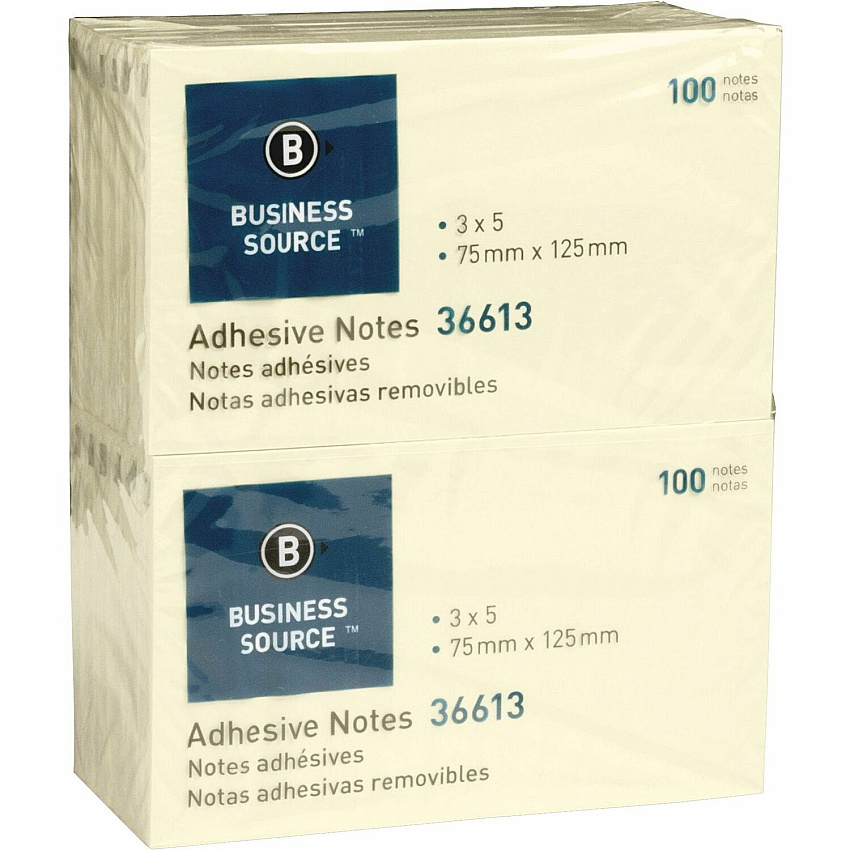 Business Source Yellow Repositionable Adhesive Notes 3" Flag/Note Width x 5" Flag/Note Length - Rectangle - Yellow - Repositionable, Solvent-free Adhesive - 12 / Pack (BSN36613)