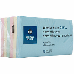 Business Source 3" Plain Pastel Colors Adhesive Notes 100 - 3" Flag/Note Width x 3" Flag/Note Length - Square - Assorted - Repositionable, Solvent-free Adhesive - 12 / Pack (BSN36614) Business Source 3" Plain Pastel Colors Adhesive Notes 100 - 3" Flag/Note Width x 3" Flag/Note Length - Square - Assorted - Repositionable, Solvent-free Adhesive - 12 / Pack (BSN36614)