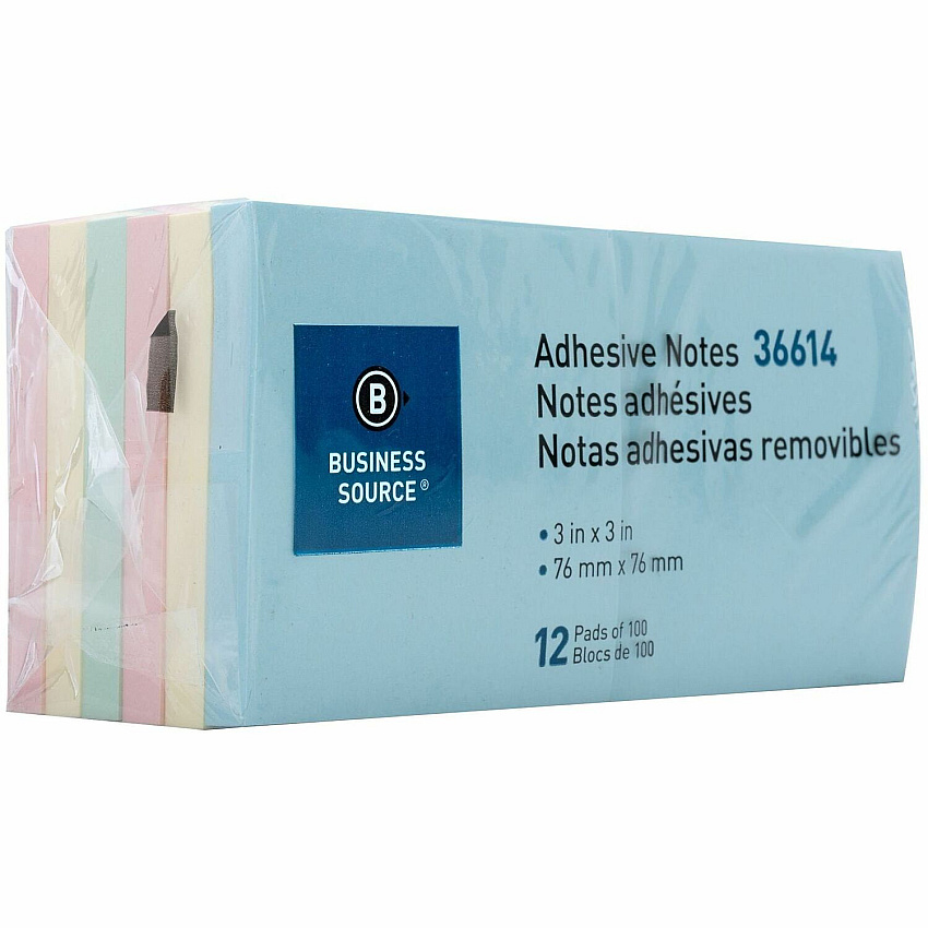 Business Source 3" Plain Pastel Colors Adhesive Notes 100 - 3" Flag/Note Width x 3" Flag/Note Length - Square - Assorted - Repositionable, Solvent-free Adhesive - 12 / Pack (BSN36614)