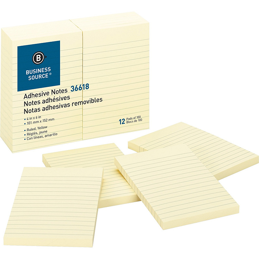 Business Source Ruled Adhesive Notes 4" Flag/Note Width x 6" Flag/Note Length - Rectangle - Ruled - Yellow - Solvent-free Adhesive, Self-adhesive - 12 / Pack (BSN36618)