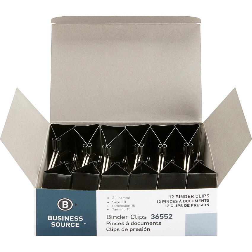 Business Source Fold-back Binder Clips Large - 2" Length x 2" Width - 1" Size Capacity - Black - Steel - 12 / Dozen (BSN36552)
