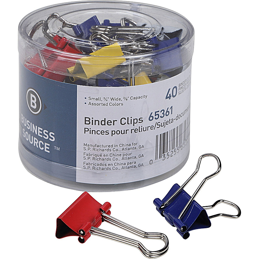 Business Source Colored Fold-back Binder Clips Small - 0.7" Width - 0.37" Size Capacity - Assorted - Steel - 40 / Pack (BSN65361)