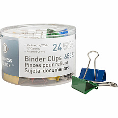 Business Source Colored Fold-back Binder Clips Medium - 1.3" Width - 0.63" Size Capacity - Assorted - Steel - 24 / Pack (BSN65362)
