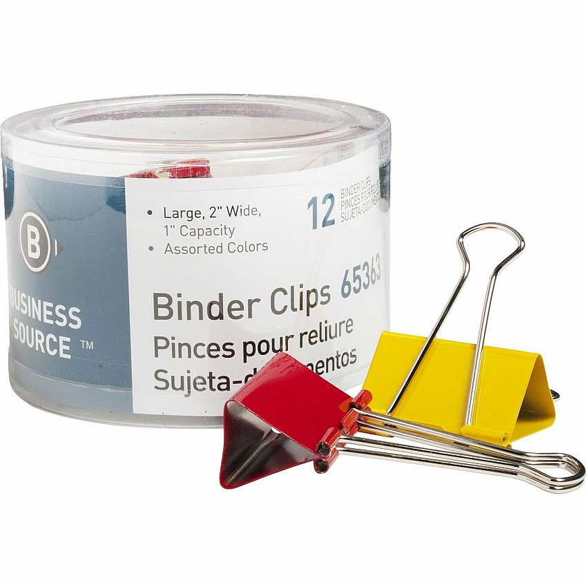 Business Source Colored Fold-back Binder Clips Large - 2" Width - 1" Size Capacity - Assorted - Steel - 12 / Pack (BSN65363)