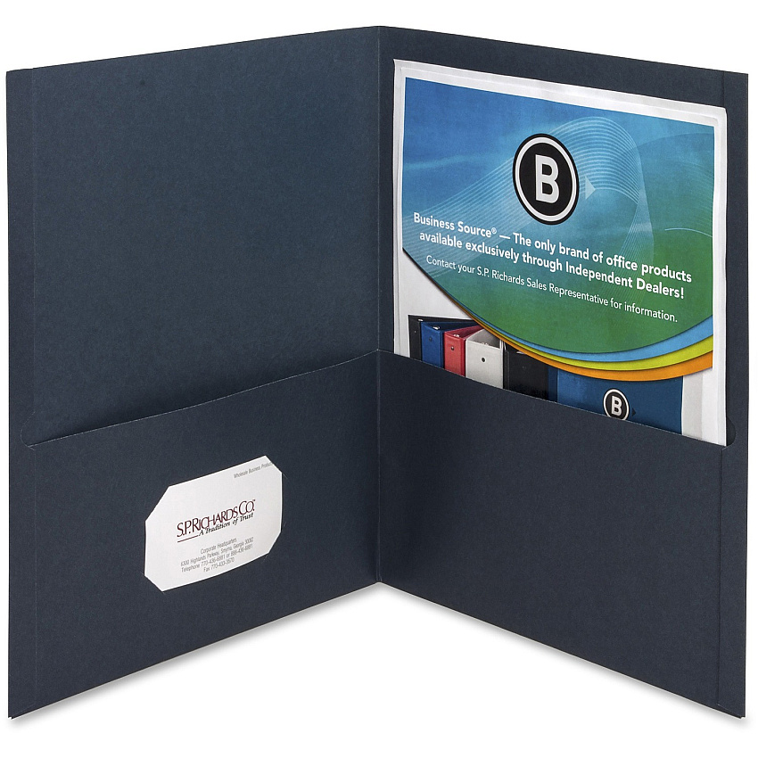 Business Source Letter Recycled Pocket Folder 8 1/2" x 11" - 100 Sheets Capacity - 2 Inside Front & Back Pocket - Paper - Dark Blue - Card Holder - 35% Recycled - 25 / Box (BSN78492)