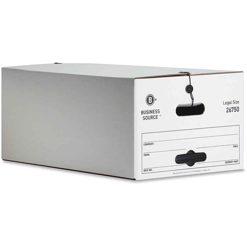 Business Source Light Duty Legal Size Storage Box External Dimensions: 15" Width x 24" Depth x 10" Height - Media Size Supported: Legal - String/Button Tie Closure - Light Duty - Stackable - White - For File - Recycled - 12 / Carton (BSN26750)