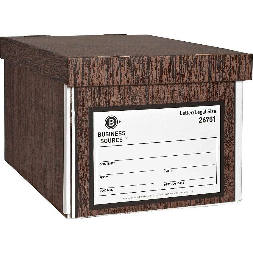 Business Source Economy Medium-duty Storage Boxes External Dimensions: 10" Width x 12" Depth x 15" Height - Media Size Supported: Legal, Letter - Lift-off Closure - Medium Duty - Stackable - Cardboard - Wood Grain - For File - Recycled - 12 / C (BSN26751)