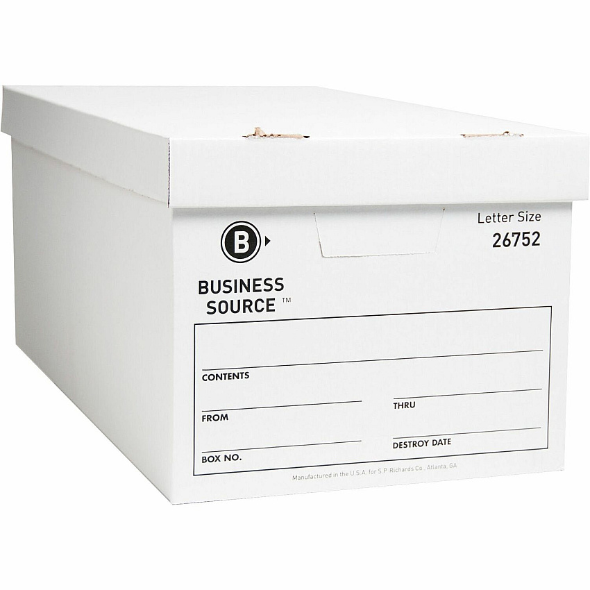 Business Source Lift-off Lid Light Duty Storage Box External Dimensions: 12" Width x 24" Depth x 10" Height - Media Size Supported: Letter - Lift-off Closure - Light Duty - Stackable - Cardboard - White - For File - Recycled - 12 / Carton (BSN26752)