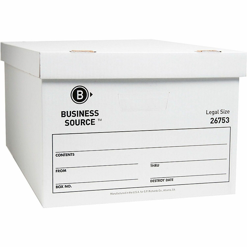 Business Source Lift-off Lid Light Duty Storage Box External Dimensions: 15" Width x 24" Depth x 10" Height - Media Size Supported: Legal - Lift-off Closure - Light Duty - Stackable - Cardboard - White - For File - Recycled - 12 / Carton (BSN26753)