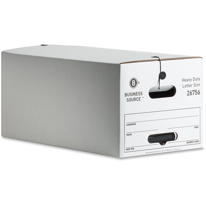 Business Source Heavy Duty Letter Size Storage Box External Dimensions: 12" Width x 24" Depth x 10" Height - Media Size Supported: Letter - String/Button Tie Closure - Medium Duty - Stackable - White - For File - Recycled - 12 / Carton (BSN26756)