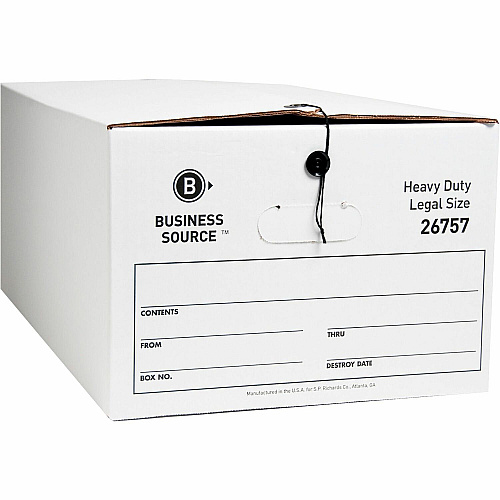 Business Source Heavy Duty Legal Size Storage Box External Dimensions: 15" Width x 24" Depth x 10" Height - Media Size Supported: Legal - String/Button Tie Closure - Medium Duty - Stackable - White - For File - Recycled - 12 / Carton (BSN26757)