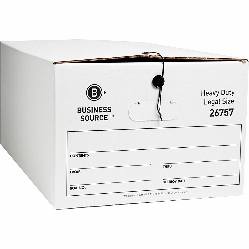 Business Source Heavy Duty Legal Size Storage Box External Dimensions: 15" Width x 24" Depth x 10" Height - Media Size Supported: Legal - String/Button Tie Closure - Medium Duty - Stackable - White - For File - Recycled - 12 / Carton (BSN26757)