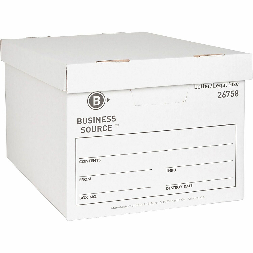 Business Source Lift-off Lid Heavy-Duty Storage Box External Dimensions: 12" Width x 15" Depth x 10" Height - Media Size Supported: Legal, Letter - Lift-off Closure - Heavy Duty - Stackable - Cardboard - White - For File - Recycled - 12 / Carto (BSN26758)