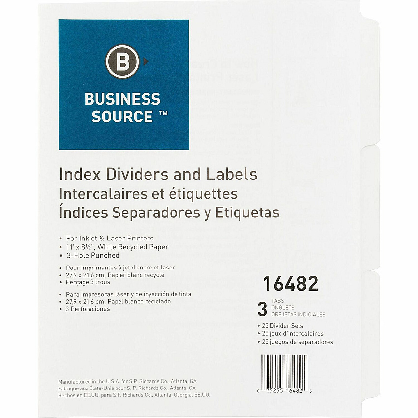 Business Source 3-Hole Punched Laser Index Tabs 3 Tab(s) - 3 Tab(s)/Set - 8.5" Divider Width x 11" Divider Length - Letter - 3 Hole Punched - White Tab(s) - 100% Recycled - Punched, Mylar Reinforcement - 25 / Box (BSN16482)