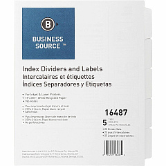 Business Source Un-punched Index Dividers Set 5 x Divider(s) - Blank Tab(s) - 5 Tab(s)/Set - White Divider - White Tab(s) - 100% Recycled - Unpunched - 25 / Box (BSN16487) Business Source Un-punched Index Dividers Set 5 x Divider(s) - Blank Tab(s) - 5 Tab(s)/Set - White Divider - White Tab(s) - 100% Recycled - Unpunched - 25 / Box (BSN16487)