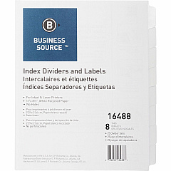 Business Source Unpunched Index Dividers Set 8 Blank Tab(s) - 8 Tab(s)/Set - 8.5" Divider Width x 11" Divider Length - Letter - White Tab(s) - 100% Recycled - Unpunched - 25 / Box (BSN16488) Business Source Unpunched Index Dividers Set 8 Blank Tab(s) - 8 Tab(s)/Set - 8.5" Divider Width x 11" Divider Length - Letter - White Tab(s) - 100% Recycled - Unpunched - 25 / Box (BSN16488)