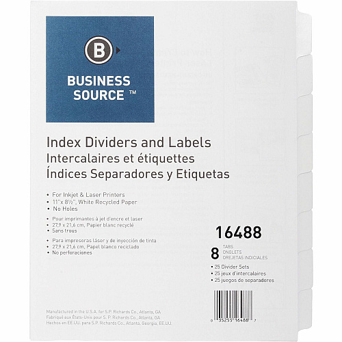 Business Source Unpunched Index Dividers Set 8 Blank Tab(s) - 8 Tab(s)/Set - 8.5" Divider Width x 11" Divider Length - Letter - White Tab(s) - 100% Recycled - Unpunched - 25 / Box (BSN16488)