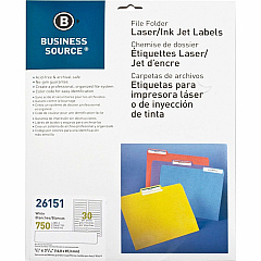 Business Source Laser/Inkjet Permanent File Folder Labels 43/64" Width x 3 7/16" Length - Permanent Adhesive - Rectangle - Laser, Inkjet - White - 30 / Sheet - 750 / Pack (BSN26151)