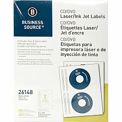 Business Source CD/DVD Labels 4 5/8" Diameter - Permanent Adhesive - Circle - Inkjet, Laser - White - 100 / Pack (BSN26148) Business Source CD/DVD Labels 4 5/8" Diameter - Permanent Adhesive - Circle - Inkjet, Laser - White - 100 / Pack (BSN26148)