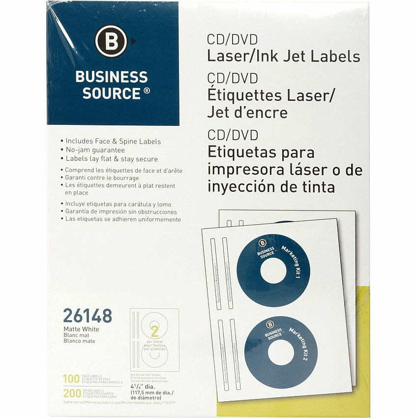Business Source CD/DVD Labels 4 5/8" Diameter - Permanent Adhesive - Circle - Inkjet, Laser - White - 100 / Pack (BSN26148)