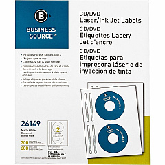 Business Source CD/DVD Labels 4 5/8" Diameter - Permanent Adhesive - Circle - Inkjet, Laser - White - 300 / Pack (BSN26149) Business Source CD/DVD Labels 4 5/8" Diameter - Permanent Adhesive - Circle - Inkjet, Laser - White - 300 / Pack (BSN26149)