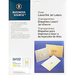 Business Source Mailing Address Labels 1" Width x 2 3/4" Length - Permanent Adhesive - Rectangle - Laser - Clear - 30 / Sheet - 750 / Pack (BSN26122)