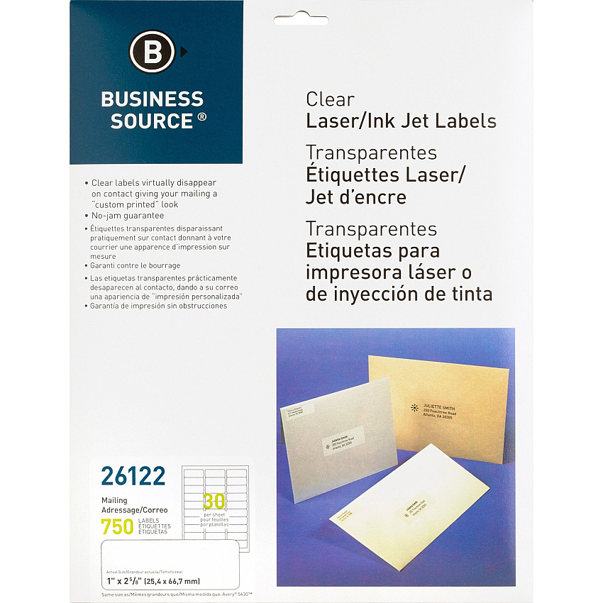 Business Source Mailing Address Labels 1" Width x 2 3/4" Length - Permanent Adhesive - Rectangle - Laser - Clear - 30 / Sheet - 750 / Pack (BSN26122)