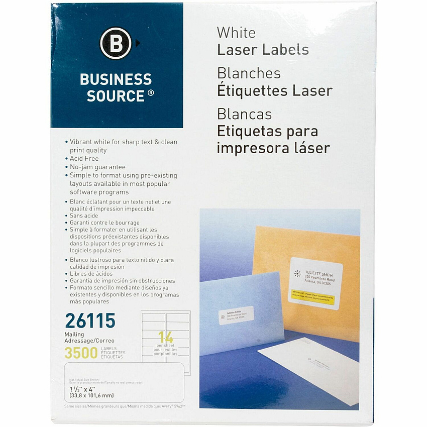 Business Source Bright White Premium-quality Address Labels 1 1/3" Width x 4" Length - Permanent Adhesive - Rectangle - Laser, Inkjet - White - 14 / Sheet - 250 Total Sheets - 3500 / Pack (BSN26115)